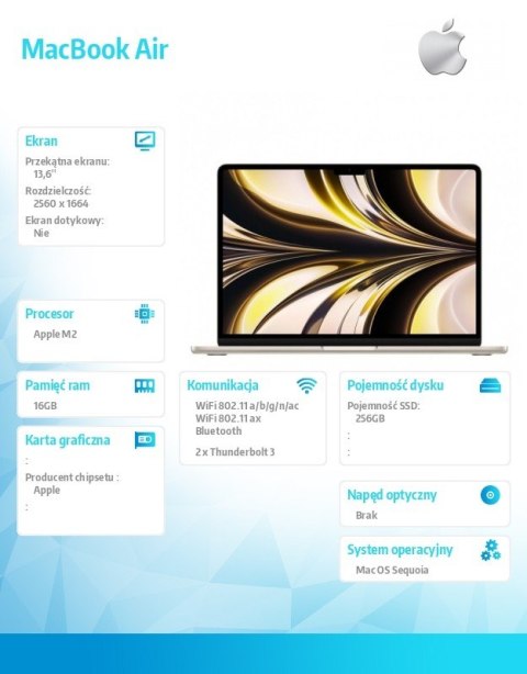 MacBook Air 13.6: M2 8/8, 16GB, 256GB - Księżycowa poświata MC7W4ZE/A