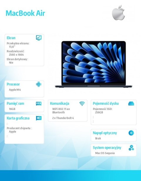 MacBookAir 13 cali /8C GPU/16GB/ 256GB Czarny