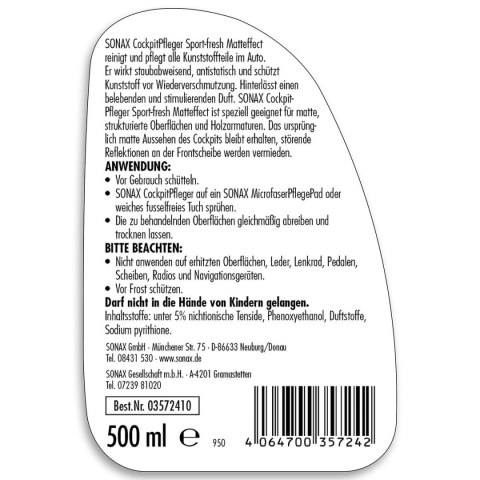 Środek do Czyszczenia Deski Rozdzielczej Sonax SX03572410 Świeży 500 ml