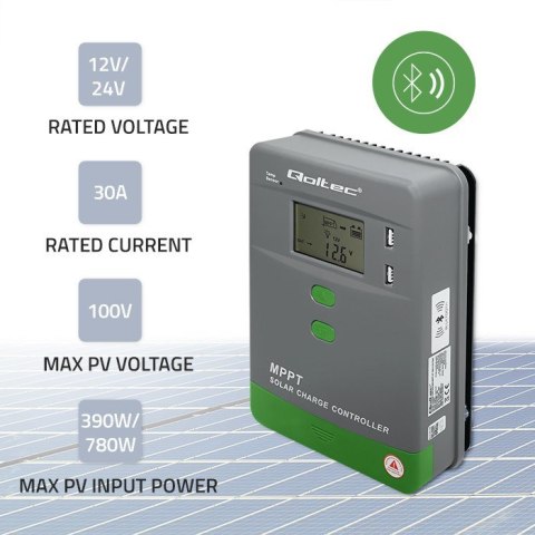 Solarny regulator ładowania MPPT z czujnikiem temperatury Qoltec 30A 12V/24V LCD 2xUSB Bluetooth APP GEL LiFePO4