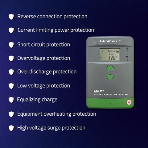 Solarny regulator ładowania MPPT z czujnikiem temperatury Qoltec 30A 12V/24V LCD 2xUSB Bluetooth APP GEL LiFePO4