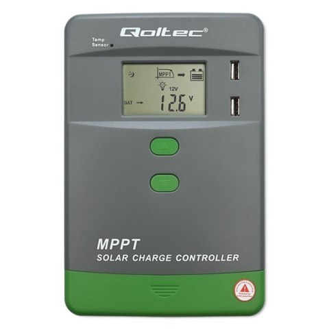 Solarny regulator ładowania MPPT z czujnikiem temperatury Qoltec 30A 12V/24V LCD 2xUSB Bluetooth APP GEL LiFePO4