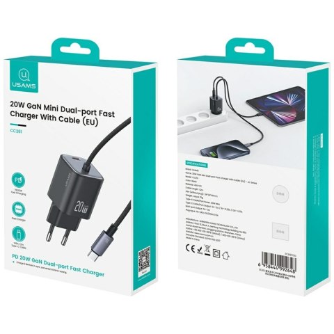 Ładowarka sieciowa USAMS JC Series CC261 20W GaN Mini Fast Charger USB-C / wbudowany kabel USB-C biały