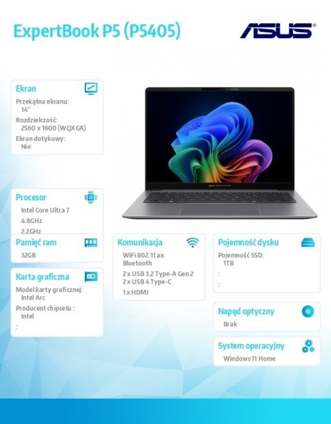 Notebook ExpertBook P5 P5405CSA-NZ0895W Ultra 7 258V/32GB/1TB/14 WQXGA/Win 11Home/3YRS