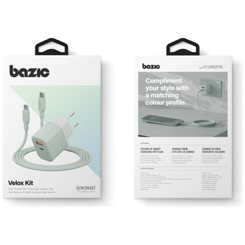 Ładowarka sieciowa Bazic GoPort Velox Kit USB-C/USB-A GaN 35W z kablem zielony