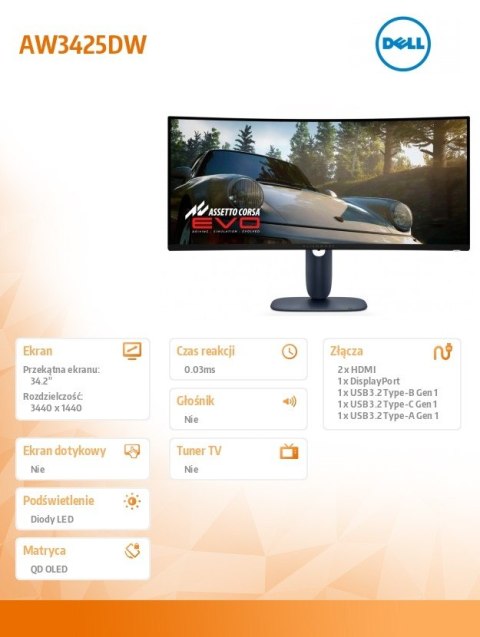 Monitor AW3425DW 34.2 Curved AMD FreeSync QD-OLED 240Hz WQHD (3440x1440)/21:9/1xDP/2xHDMI/1xUSB 3.2/1xUSB-C/3Y AES&PPE