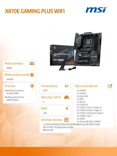 Płyta główna X870E GAMING PLUS WIFI AM5 4DDR5 ATX
