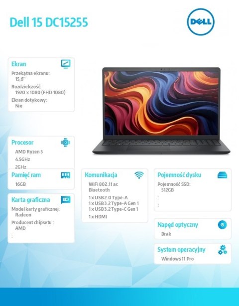 Laptop Dell 15 DC15255 W11P R5-7530U/16GB/512GB SSD/AMD Radeon/WLAN + BT/15.6 FHD/Backlit Kb/3 Cell/65W/3YPS Carbon Black (Plast
