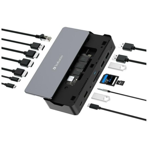 Adapter Verbatim stacja dokująca USB-C Pro 15w1 2xHDMI/1xRJ45/4xUSB-A/3xUSB-C/1xSD/1xmicroSD/1xAudio/1xDisplayPort/1xSSD szary