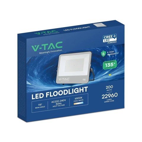 Projektor LED V-TAC CREE CHIP 200W 135lm/W czarna obudowa przewód 1m IP65 VT-44201 6500K 27000lm 6 lat gwarancji