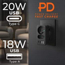 MACLEAN GNIAZDKO PRĄDOWE X2 + 4XUSB, ROZGAŁĘŹNIK Z 2 GNIAZDAMI, 2XUSB A, 2XUSB C PD 20W, 1X16A + 1X6A MCE249 F/B