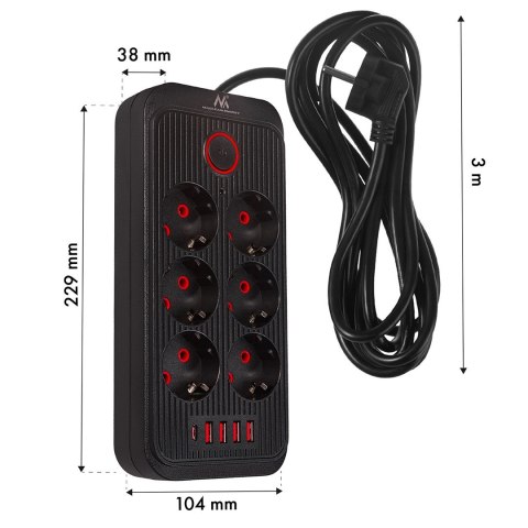 MACLEAN LISTWA ZASILAJĄCA MACLEAN, PRZEDŁUŻACZ 6 GNIAZD + 4XUSB, 110-240V AC 50/60HZ, 2.1A MAX 2500W, 3M, CZARNA, MCE391 B MC