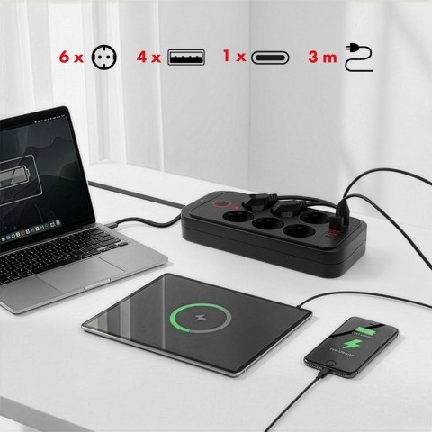 MACLEAN LISTWA ZASILAJĄCA MACLEAN, PRZEDŁUŻACZ 6 GNIAZD + 4XUSB, 110-240V AC 50/60HZ, 2.1A MAX 2500W, 3M, CZARNA, MCE391 B MC