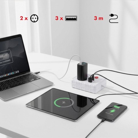 MACLEAN LISTWA ZASILAJĄCA, PRZEDŁUŻACZ 2 GNIAZDA + 3XUSB, 110-240V AC 50/60HZ, 2.1A MAX 2500W, 3 M, BIAŁA MCE388 W