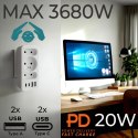 MACLEAN GNIAZDKO PRĄDOWE X3 + 4XUSB, ROZGAŁĘŹNIK Z 3 GNIAZDAMI, 2XUSB A, 2XUSB C PD 20W, 1X16A + 2X6A MCE248 F/W