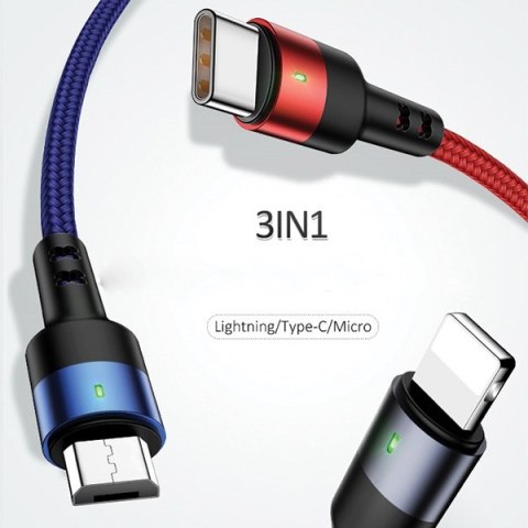 USAMS Kabel pleciony U26 3w1 0.35m 2AFast Charge (lightning/microUSB/USB-C) SJ410USB01 (US-SJ410)