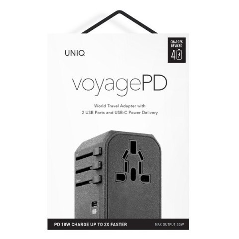 UNIQ Ład. siec. Voyage World Adapter 33W+ 2xUSB + PD 18W + QC 3.0 szary/charcoal grey (LITHOS Collective)
