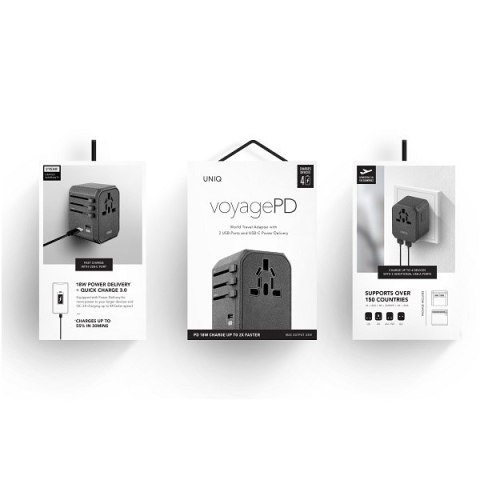 UNIQ Ład. siec. Voyage World Adapter 33W+ 2xUSB + PD 18W + QC 3.0 szary/charcoal grey (LITHOS Collective)