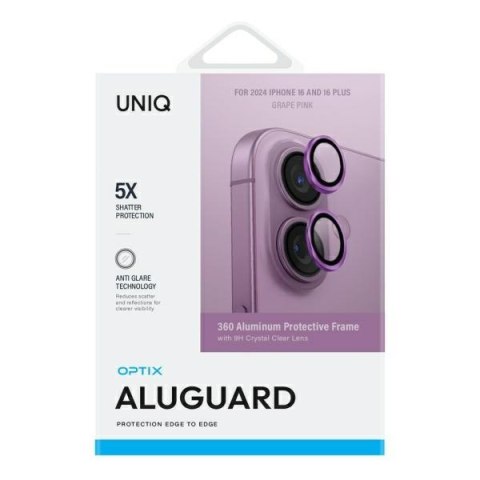 UNIQ Optix Aluminium Camera LensProtector iPhone 16 6.1" / 16 Plus 6.7" grape pink szkło na obiektyw aparatu z aplikatorem
