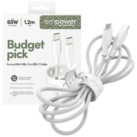 Kabel empower by PanzerGlass Racing 60W USB-C do USB-C 1.2m srebrno-biały