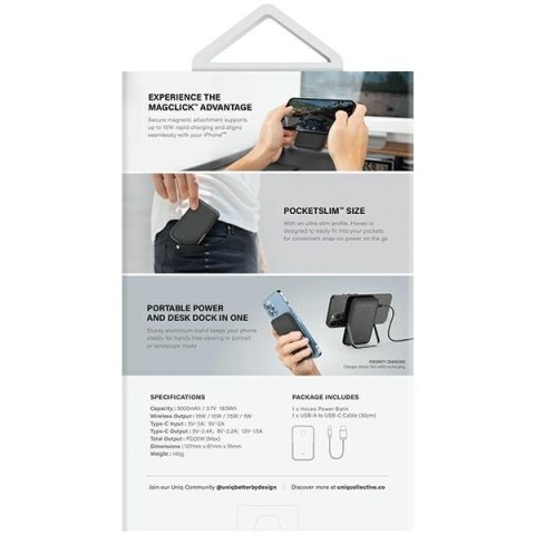 UNIQ Powerbank Hoveo 5000mAh USB-C 20WPD Fast charge Wireless Magnetic liliowy/lilac lavender