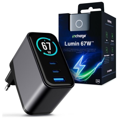 Ładowarka sieciowa 3MK InCharge Lumin PD 67W QC4+ PPS AFC FCP SCP USB-A 2xUSB-C TFT z wyświetlaczem czarny