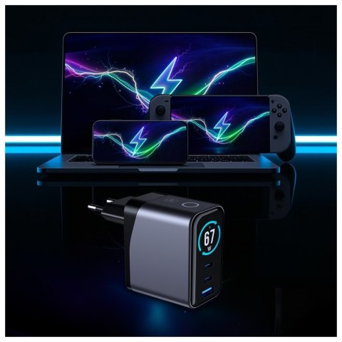 Ładowarka sieciowa 3MK InCharge Lumin PD 67W QC4+ PPS AFC FCP SCP USB-A 2xUSB-C TFT z wyświetlaczem czarny