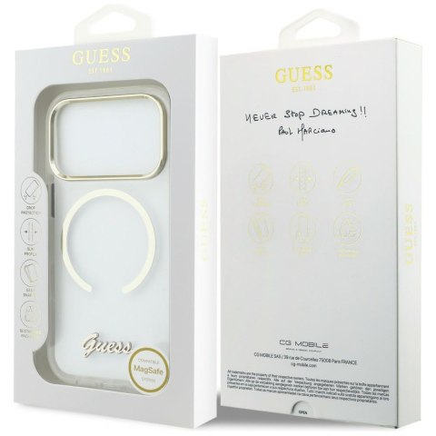 Etui Guess IML Script Metal MagSafe do iPhone 17 Pro Max przezroczysty