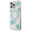 Etui Guess Resin Flowers Glitter MagSafe do iPhone 16 Pro turkusowy