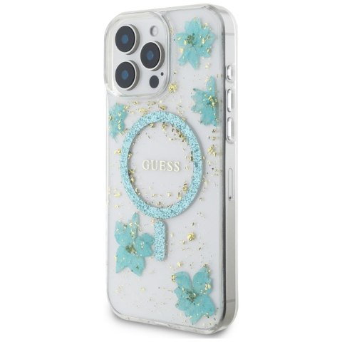 Etui Guess Resin Flowers Glitter MagSafe do iPhone 16 Pro turkusowy