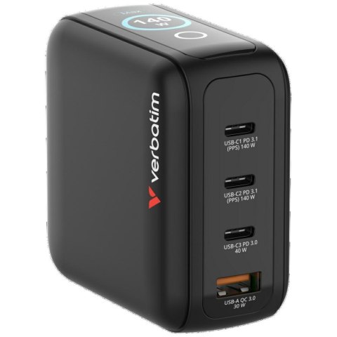 Ładowarka sieciowa Verbatim Mini GaN 140W 3xUSB-C PD/1x USB-A QC adapter UE/UK/USA czarny 30240