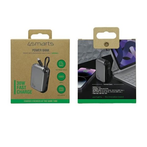4smarts Powerbank Pocket 10000mAh30W z wbudowanym kablem USB-C 15cm space grey 540699