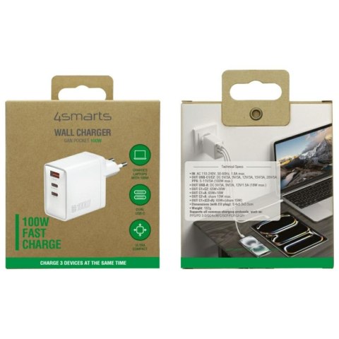 Ładowarka sieciowa 4smarts Pocket GaN 100W 2xUSB-C + USB-A biały