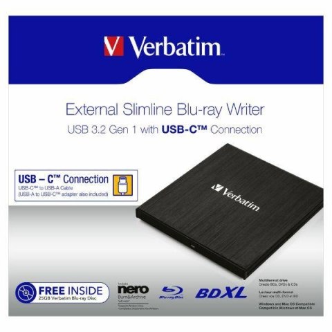 Verbatim Zewnętrzna nagrywarka SlimlineBlu-ray + kabel USB-C/USB-A czarny/black 43889