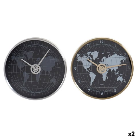 Zegar Ścienny DKD Home Decor Czarny Złoty Srebrzysty Aluminium Szkło Mapa Świata 30 x 4,3 x 30 cm (2 Sztuk)