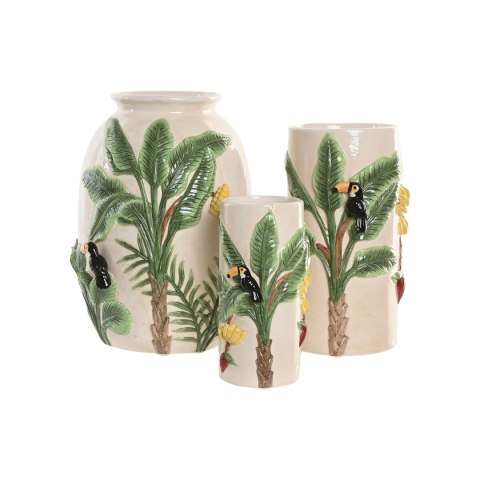 Wazon Home ESPRIT Kolor Zielony Beżowy Ceramika Ptaki Tropikalny 12 x 12 x 22 cm