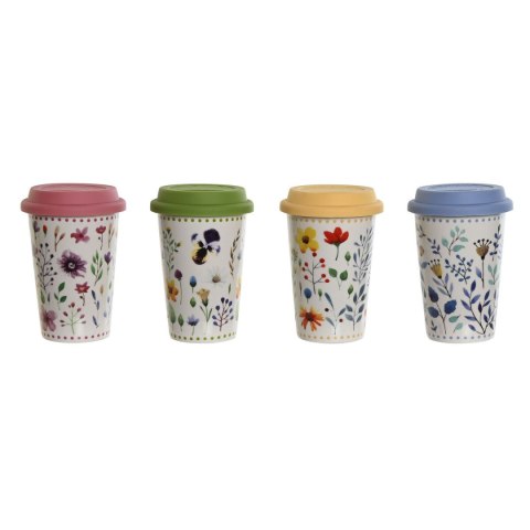 Kubek z pokrywką DKD Home Decor Wielokolorowy Kvety 400 ml (4 Sztuk)