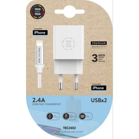 Ładowarka ścienna + kabel lightning MIFI Tech One Tech TEC2402 Biały Pojedyńczy Lightning