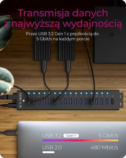 ICY BOX IB-HUB1717-U3 USB 3.2 Gen 1 (3.1 Gen 1) Type-A 5000 Mbit/s Czarny