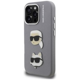 Etui Karl Lagerfeld FW Grained Karl & Choupette Heads Pins do iPhone 16 Pro Max szary
