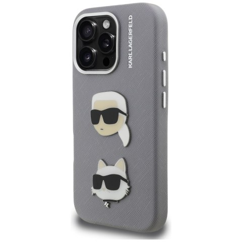 Etui Karl Lagerfeld FW Grained Karl & Choupette Heads Pins do iPhone 16 Pro Max szary