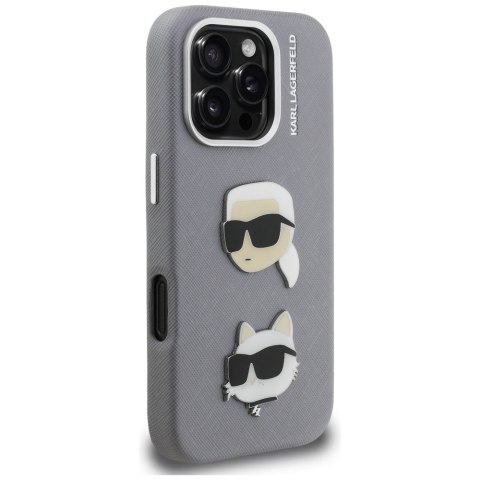 Etui Karl Lagerfeld FW Grained Karl & Choupette Heads Pins do iPhone 16 Pro Max szary
