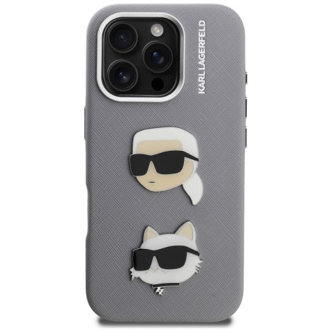 Etui Karl Lagerfeld FW Grained Karl & Choupette Heads Pins do iPhone 16 Pro szary
