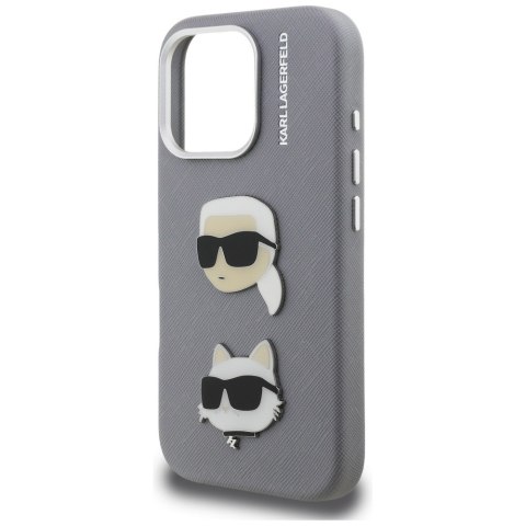 Etui Karl Lagerfeld FW Grained Karl & Choupette Heads Pins do iPhone 16 Pro szary