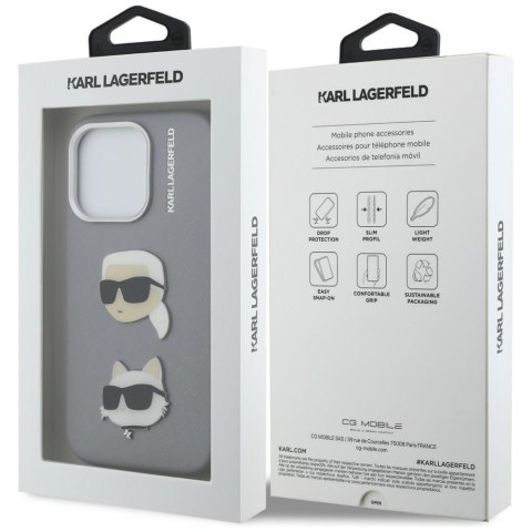 Etui Karl Lagerfeld FW Grained Karl & Choupette Heads Pins do iPhone 16 Pro szary