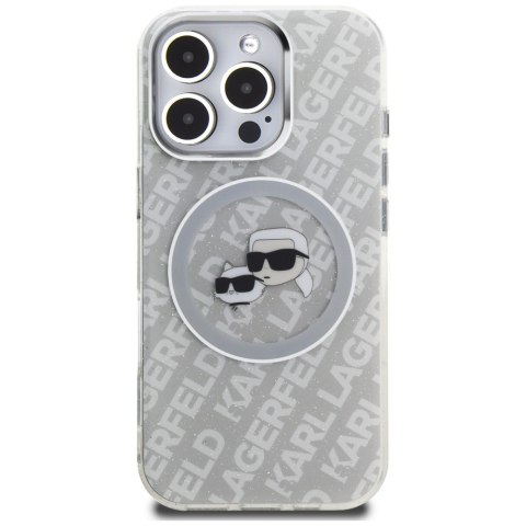 Etui Karl Lagerfeld IML Glitter Karl & Choupette Heads Logo MagSafe do iPhone 16 Pro Max szary