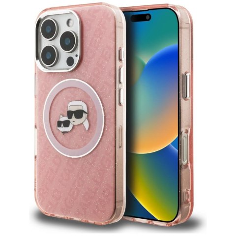 Etui Karl Lagerfeld IML Glitter Karl & Choupette Heads Logo MagSafe do iPhone 16 Pro różowy