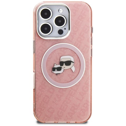 Etui Karl Lagerfeld IML Glitter Karl & Choupette Heads Logo MagSafe do iPhone 16 Pro różowy