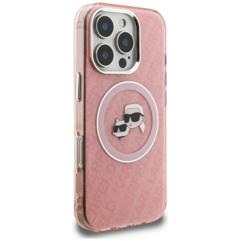 Etui Karl Lagerfeld IML Glitter Karl & Choupette Heads Logo MagSafe do iPhone 16 Pro różowy