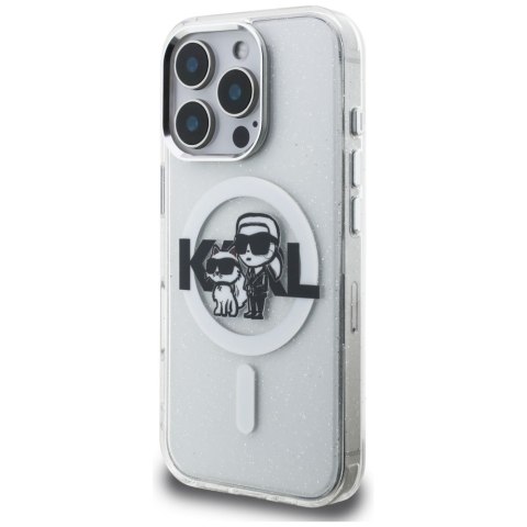 Etui Karl Lagerfeld IML Glitter Karl & Choupette Sketch Logo MagSafe do iPhone 16 Pro prezroczysty